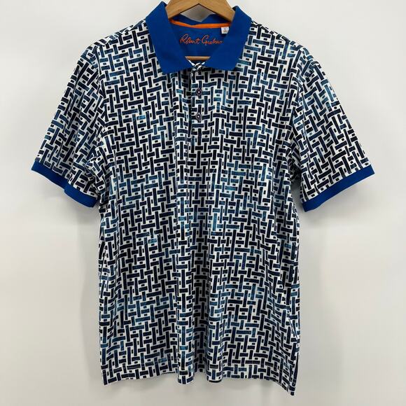 Robert Graham Cotton Polo Shirt Geometric Abstract Size Large / Medium in Blue - Picture 1 of 10